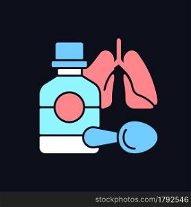 Cough syrup RGB color icon for dark theme. Cold medicine. Soothing irritated throat. Coughing suppressant. Isolated vector illustration on night mode background. Simple filled line drawing on black. Cough syrup RGB color icon for dark theme