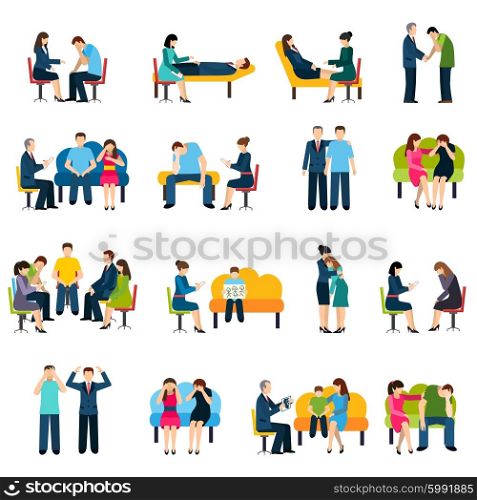 Counseling Support Group Flat Icons Set. Psychologist counseling and support group for work stress related disorders flat icons set abstract isolated vector illustration