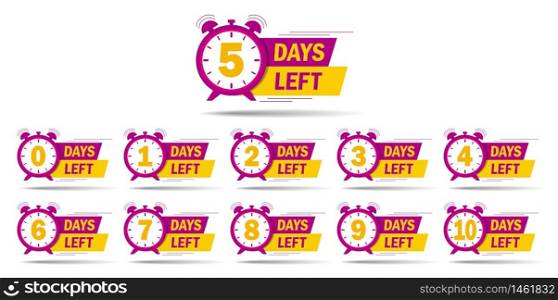 Countdown 1, 2, 3, 4, 5, 6, 7, 8, 9, 10 days left label or emblem set. Day left counter icon with clock for sale promotion, promo offer. Flat badge with number of count down time. vector isolated