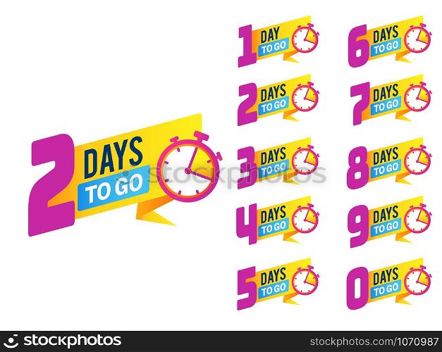 Countdown badges. Product limited promo, number of days left to go. Big deal offer, sale banners with timer, clock stickers. Vector promotion time isolated set. Countdown badges. Product limited promo, number of days left to go. Big deal offer, sale banners with timer, clock stickers. Vector set