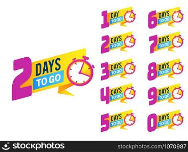 Countdown badges. Product limited promo, number of days left to go. Big deal offer, sale banners with timer, clock stickers. Vector promotion time isolated set. Countdown badges. Product limited promo, number of days left to go. Big deal offer, sale banners with timer, clock stickers. Vector set