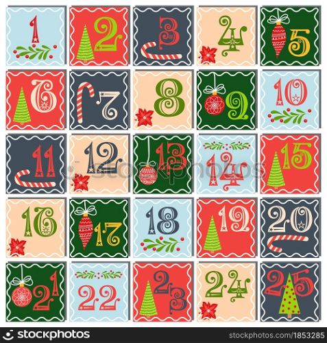 Countdown calendar to Christmas with Christmas tree, balls, mistletoe, decor. Christmas poster. Winter Holidays Design Elements.. Countdown calendar to Christmas with Christmas tree, balls, mistletoe, decor. Winter Holidays Design Elements.