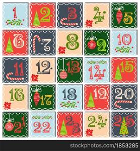 Countdown calendar to Christmas with Christmas tree, balls, mistletoe, decor. Christmas poster. Winter Holidays Design Elements.. Countdown calendar to Christmas with Christmas tree, balls, mistletoe, decor. Winter Holidays Design Elements.