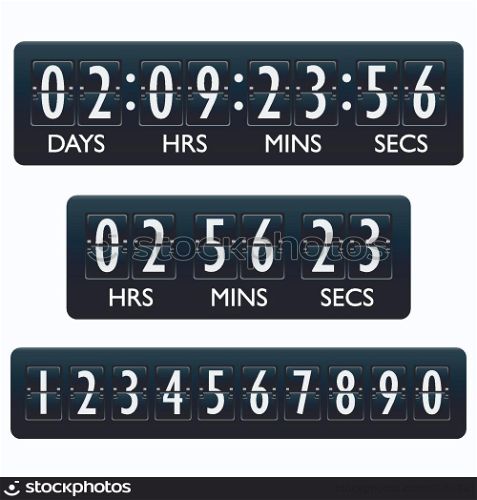 Countdown clock timer mechanical digits board panel indicator emblem vector illustration