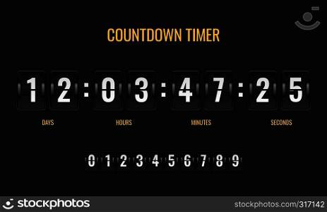 Countdown timer. Meter scoreboard digital watch mechanics counter information down number counting clock day, flat vector template. Countdown timer. Meter scoreboard digital watch mechanics counter information down number counting clock day template