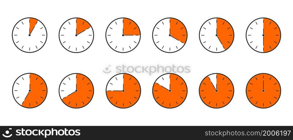 Countdown timer or stopwatch icons set. Clocks with different orange minute time intervals isolated on white background. Infographic for cooking or sport game. Vector flat illustration.. Countdown timer or stopwatch icons set. Clocks with different orange minute time intervals isolated on white background. Infographic for cooking or sport game