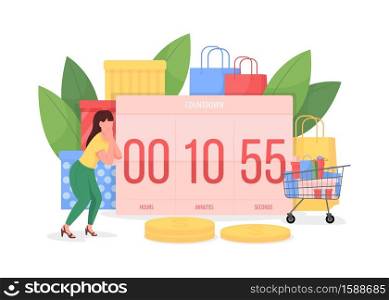 Countdown to Black friday flat concept vector illustration. Timer with counting minutes to seasonal sale. Woman shopper 2D cartoon character for web design. Shopaholism creative idea. Countdown to Black friday flat concept vector illustration