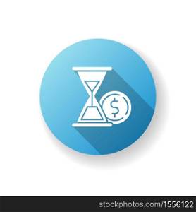 Countdown to payment blue flat design long shadow glyph icon. Hourglass watch with gold coin. Economic procedure. Financial and banking service. Credit debt. Silhouette RGB color illustration. Countdown to payment blue flat design long shadow glyph icon
