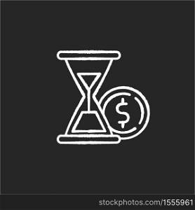 Countdown to payment chalk white icon on black background. Hourglass watch with gold coin. Economic procedure. Financial and banking service. Credit debt. Isolated vector chalkboard illustration. Countdown to payment chalk white icon on black background