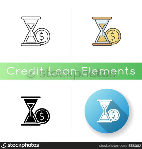 Countdown to payment icon. Hourglass watch with gold coin. Economic procedure. Financial and banking service. Earn profit. Credit debt. Linear black and RGB color styles. Isolated vector illustrations. Countdown to payment icon