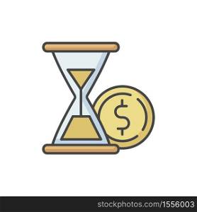 Countdown to payment RGB color icon. Hourglass watch with gold coin. Economic procedure. Financial and banking service. Money for deposit. Earn profit. Credit debt. Isolated vector illustration. Countdown to payment RGB color icon