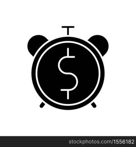 Countdown to payout black glyph icon. Alarm clock with dollar sign. Future fund. Money viability. Financial asset. Bank payback. Silhouette symbol on white space. Vector isolated illustration. Countdown to payout black glyph icon