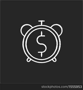 Countdown to payout chalk white icon on black background. Alarm clock with dollar sign. Financial asset. Time to pay loan. Future income. Bank payback. Isolated vector chalkboard illustration. Countdown to payout chalk white icon on black background