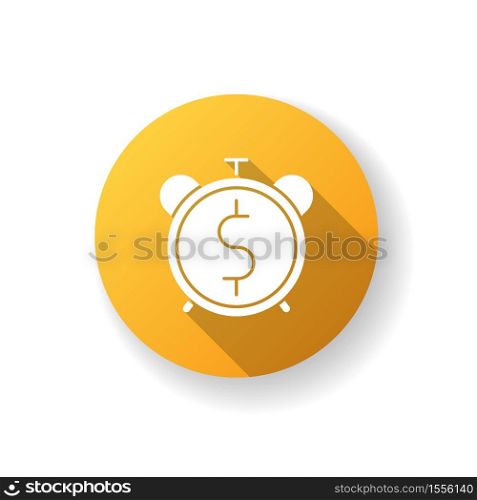 Countdown to payout flat design long shadow glyph icon. Alarm clock with dollar sign. Future fund. Financial asset. Time to pay loan. Future income. Bank payback. Silhouette RGB color illustration. Countdown to payout yellow flat design long shadow glyph icon