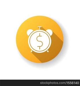 Countdown to payout flat design long shadow glyph icon. Alarm clock with dollar sign. Future fund. Financial asset. Time to pay loan. Future income. Bank payback. Silhouette RGB color illustration. Countdown to payout yellow flat design long shadow glyph icon