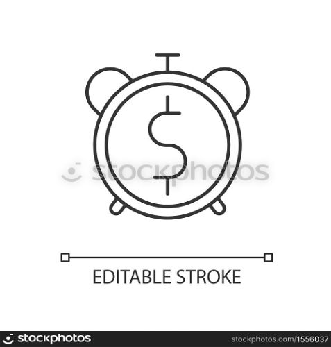 Countdown to payout linear icon. Alarm clock with dollar sign. Money viability. Financial asset. Thin line customizable illustration. Contour symbol. Vector isolated outline drawing. Editable stroke. Countdown to payout linear icon