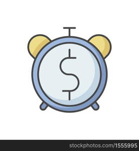 Countdown to payout RGB color icon. Alarm clock with dollar sign. Future fund. Money viability. Financial asset. Time to pay loan. Future income. Bank payback. Isolated vector illustration. Countdown to payout RGB color icon