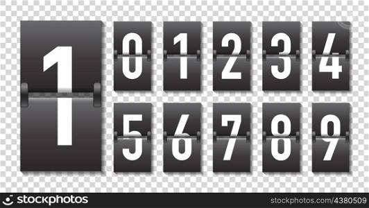 Countdown with turn over numbers. Counter of timer. Clock scoreboard and panel of date. Mechanical analogue numbers for airport, departure, dashboard. Movement font. Vector.