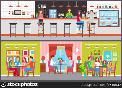 Counter and tables in cafe and bar or coffee house vector. Bartender or barista and visitors, desserts in showcase, family and friends eating out. Cafe and Bar Interior Design, Counter and Tables