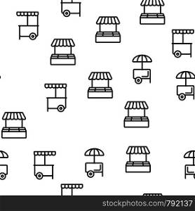Counter For Sell Product Seamless Pattern Vector. Empty Counter With Canopy, Umbrella And Wheel For Vegetable, Fruit And Ice Cream Monochrome Texture Icons. Street Food Template Flat Illustration. Counter For Sell Product Seamless Pattern Vector