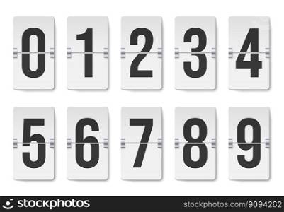 Counter numbers. Countdown mechanical scoreboard, timer remaining indicator or arrival time panel, flip clock with hours minutes seconds. Vector set of scoreboard display for countdown illustration. Counter numbers. Countdown mechanical scoreboard, timer remaining indicator or arrival time panel, flip clock with hours minutes seconds. Vector set