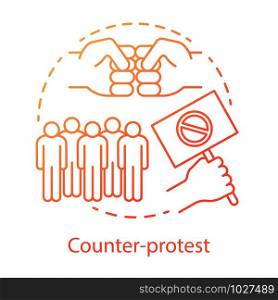 Counter protest concept icon. Public confrontation, disagreement manifestation idea thin line illustration. Hand holding placard, fists and crowd vector isolated outline drawing. Political rally