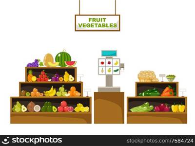 Counter with fruits. Supermarket. Vector illustration