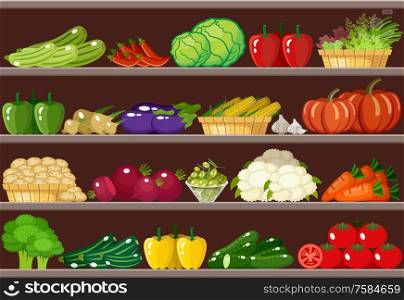 Counter with vegetables. Supermarket. Vector illustration