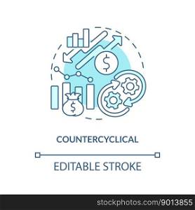 Countercyclical turquoise concept icon. Attribute of economic indicators abstract idea thin line illustration. Isolated outline drawing. Editable stroke. Arial, Myriad Pro-Bold fonts used. Countercyclical turquoise concept icon