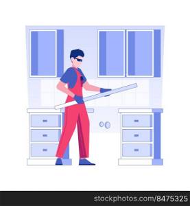 Countertop installation isolated concept vector illustration. Professional repairman assembling kitchen countertop, residential construction process, rough interior works vector concept.. Countertop installation isolated concept vector illustration.