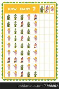 Counting game, educational game for children. Count how many cartoon characters in each row and write the result  