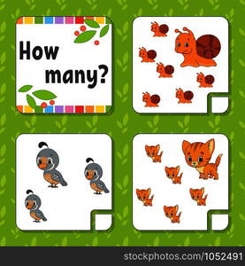 Counting game for children. Happy characters. Learning mathematics. How many object in the picture. Education worksheet. With space for answers. Isolated vector illustration in cute cartoon style.