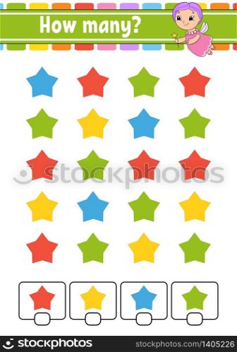 Counting game for children. Happy characters. Learning mathematics. How many object in the picture. Education worksheet. With space for answers. Isolated vector illustration in cute cartoon style.