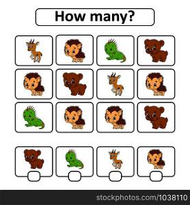 Counting game for children of preschool age. Learning mathematics. How many animals in the picture. With space for answers. Simple flat isolated vector illustration in cute cartoon style. Counting game for children of preschool age. Learning mathematics. How many animals in the picture. With space for answers. Simple flat isolated vector illustration in cute cartoon style.