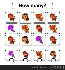 Counting game for children of preschool age. Learning mathematics. How many animals in the picture. With space for answers. Simple flat isolated vector illustration in cute cartoon style. Counting game for children of preschool age. Learning mathematics. How many animals in the picture. With space for answers. Simple flat isolated vector illustration in cute cartoon style.