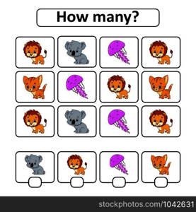 Counting game for children of preschool age. Learning mathematics. How many animals in the picture. With space for answers. Simple flat isolated vector illustration in cute cartoon style. Counting game for children of preschool age. Learning mathematics. How many animals in the picture. With space for answers. Simple flat isolated vector illustration in cute cartoon style.