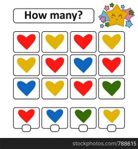 Counting game for preschool children. Count as many hearts in the picture and write down the result. With a place for answers. Simple flat isolated vector illustration. Counting game for preschool children. Count as many hearts in the picture and write down the result. With a place for answers. Simple flat isolated vector illustration.