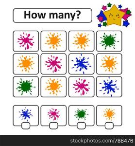 Counting game for preschool children. Count as many spots on the picture and write down the result. With a place for answers. Simple flat isolated vector illustration. Counting game for preschool children. Count as many spots on the picture and write down the result. With a place for answers. Simple flat isolated vector illustration.