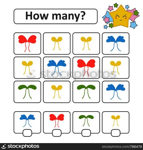 Counting game for preschool children. Count how many bows in the picture and write down the result. With a place for answers. Simple flat isolated vector illustration. Counting game for preschool children. Count how many bows in the picture and write down the result. With a place for answers. Simple flat isolated vector illustration.