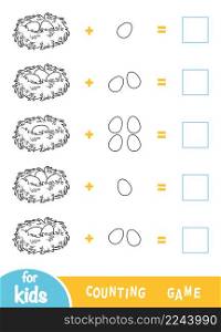 Counting Game for Preschool Children. Educational a mathematical game. Addition black and white worksheet, birds eggs in the nest