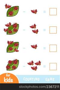 Counting Game for Preschool Children. Educational a mathematical game. Subtraction worksheets. Ladybugs and leaves
