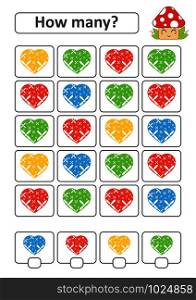 Counting game for preschool children for the development of mathematical abilities. How many hearts of different colors. With a place for answers. Simple flat isolated vector illustration. Counting game for preschool children for the development of mathematical abilities. How many hearts of different colors. With a place for answers. Simple flat isolated vector illustration.