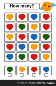 Counting game for preschool children for the development of mathematical abilities. How many hearts of different colors. With a place for answers. Simple flat isolated vector illustration. Counting game for preschool children for the development of mathematical abilities. How many hearts of different colors. With a place for answers. Simple flat isolated vector illustration.