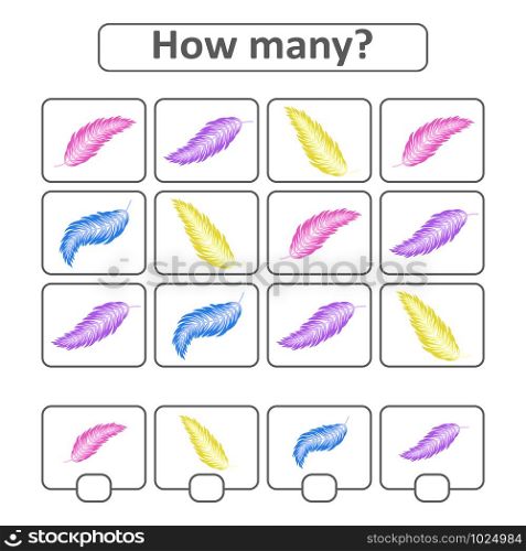 Counting game for preschool children for the development of mathematical abilities. Count the number of feathers in the picture. With a place for answers. Simple flat isolated vector illustration. Counting game for preschool children for the development of mathematical abilities. Count the number of feathers in the picture. With a place for answers. Simple flat isolated vector illustration.