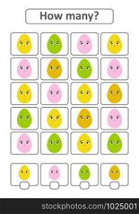 Counting game for preschool children for the development of mathematical abilities. How many eggs of different colors. With a place for answers. Simple flat isolated vector illustration. Counting game for preschool children for the development of mathematical abilities. How many eggs of different colors. With a place for answers. Simple flat isolated vector illustration.