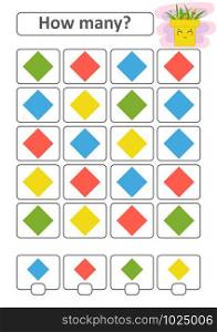 Counting game for preschool children for the development of mathematical abilities. How many diamonds of different colors. With a place for answers. Simple flat isolated vector illustration. Counting game for preschool children for the development of mathematical abilities. How many diamonds of different colors. With a place for answers. Simple flat isolated vector illustration.