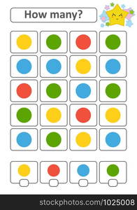 Counting game for preschool children for the development of mathematical abilities. How many circles of different colors. With a place for answers. Simple flat isolated vector illustration. Counting game for preschool children for the development of mathematical abilities. How many circles of different colors. With a place for answers. Simple flat isolated vector illustration.