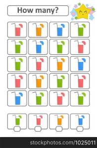 Counting game for preschool children for the development of mathematical abilities. How many drinks of different colors. With a place for answers. Simple flat isolated vector illustration. Counting game for preschool children for the development of mathematical abilities. How many drinks of different colors. With a place for answers. Simple flat isolated vector illustration.