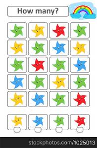 Counting game for preschool children for the development of mathematical abilities. How many stars of different colors. With a place for answers. Simple flat isolated vector illustration. Counting game for preschool children for the development of mathematical abilities. How many stars of different colors. With a place for answers. Simple flat isolated vector illustration.