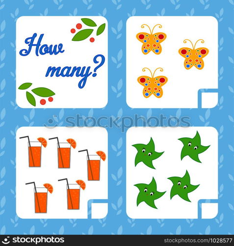 Counting game for preschool children for the development of mathematical abilities. Count the number of objects in the picture. With a place for answers. Simple flat isolated vector illustration. Counting game for preschool children for the development of mathematical abilities. Count the number of objects in the picture. With a place for answers. Simple flat isolated vector illustration.